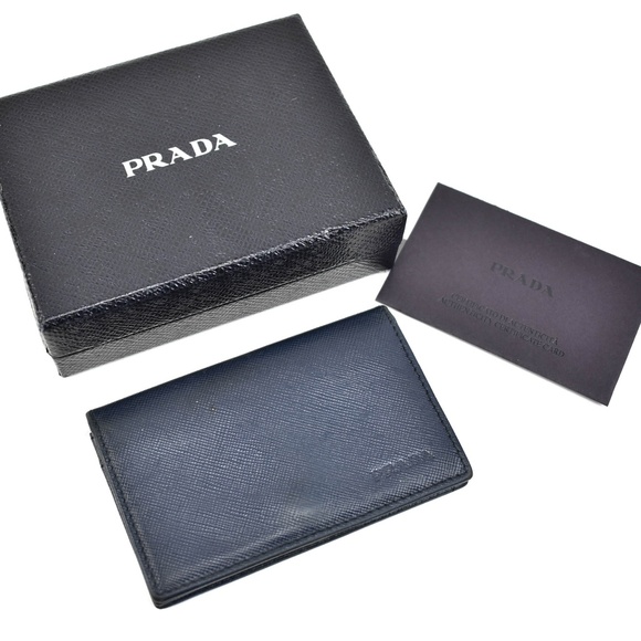 PRADA: Navy Blue Saffiano Leather & Logo Wallet r - Picture 2 of 8